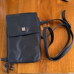 Perlina New York Black Leather Crossbody 8 X 5", 46" Strap 4-compartments